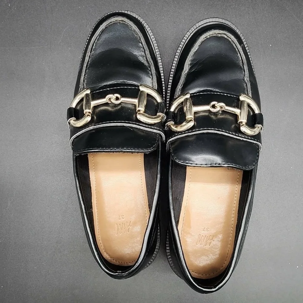H&M Chunky‎ Platform Horsebit Loafers Black Women Size 6.5 Lug Sole Bit Detail